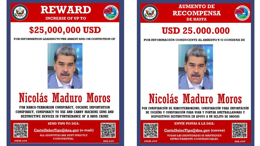 DEA busca a Nicolás Maduro y ofrece $25 millones por información para su captura o condena